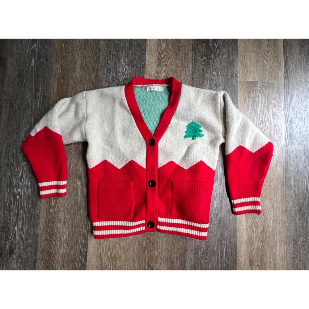 Nora Madison Cardigan Sweater Youth 13-14Y Red Cream Pine Tree Knit Button Up